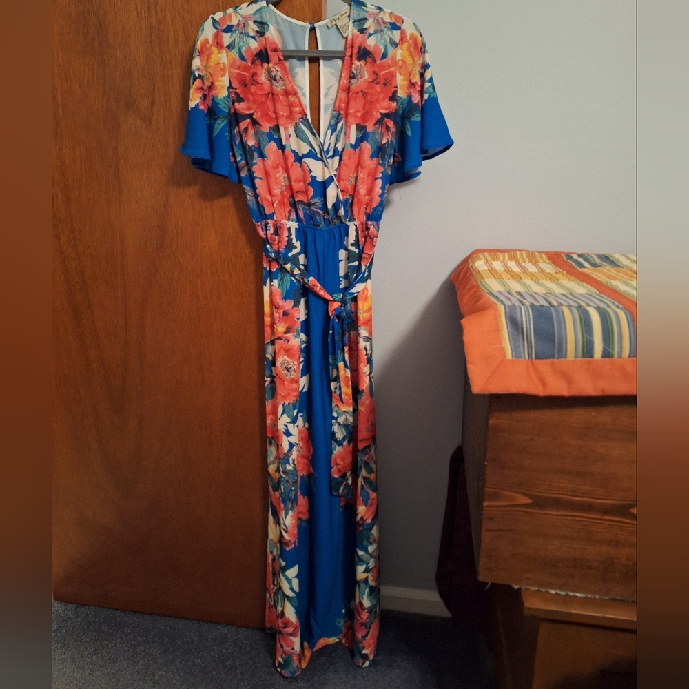 Flying Tomato Vibrant Blue Floral Wide Leg Jumpsuit W/ Belt Size L